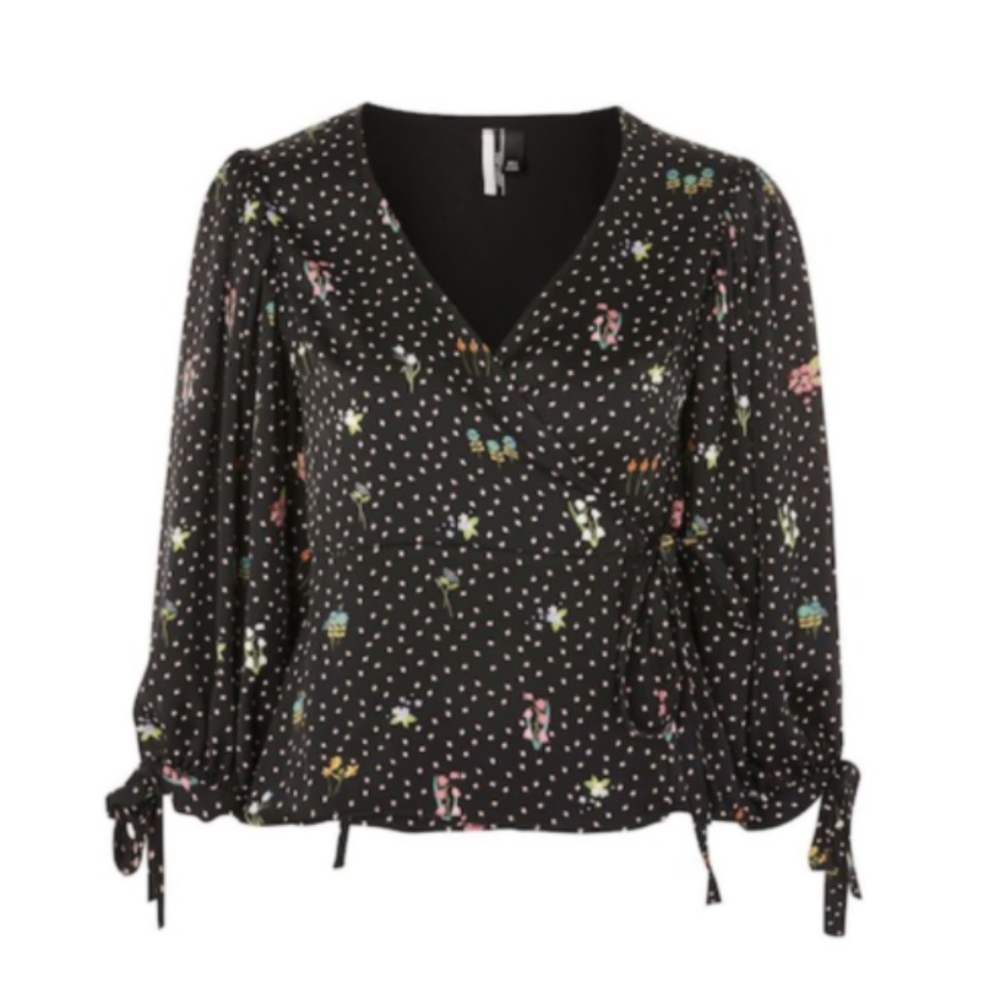 TOPSHOP women's Floral Balloon Sleeve Wrap Blouse